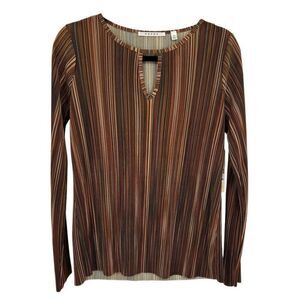 Cyrus Striped Plisse Long Sleeve Keyhole Top Brown/Orange Size Medium‎ NWT Y2K
